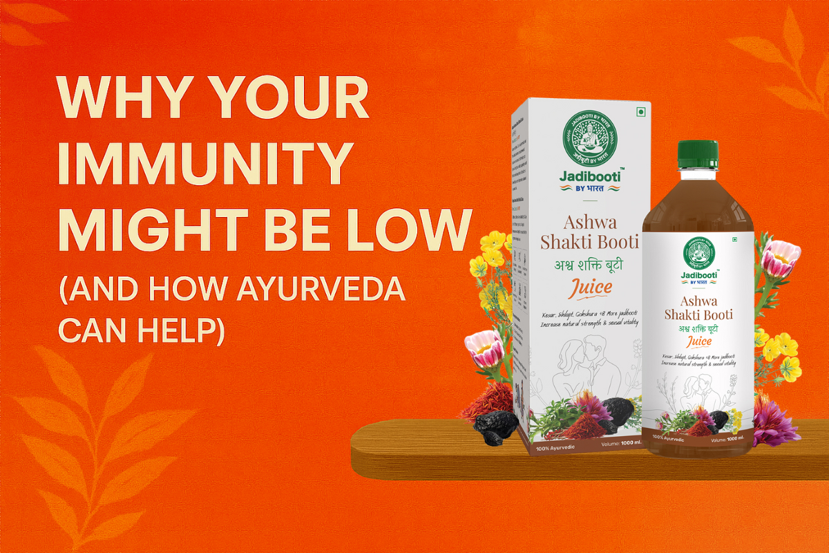 a bright orange background featuring white text: 'Why Your Immunity Might Be Low (And How Ayurveda Can Help).' On the right, Ayurvedic products are displayed on a wooden platform surrounded by flowers—one labeled 'Ayurvedic Health Tonic' and another 'Ayur